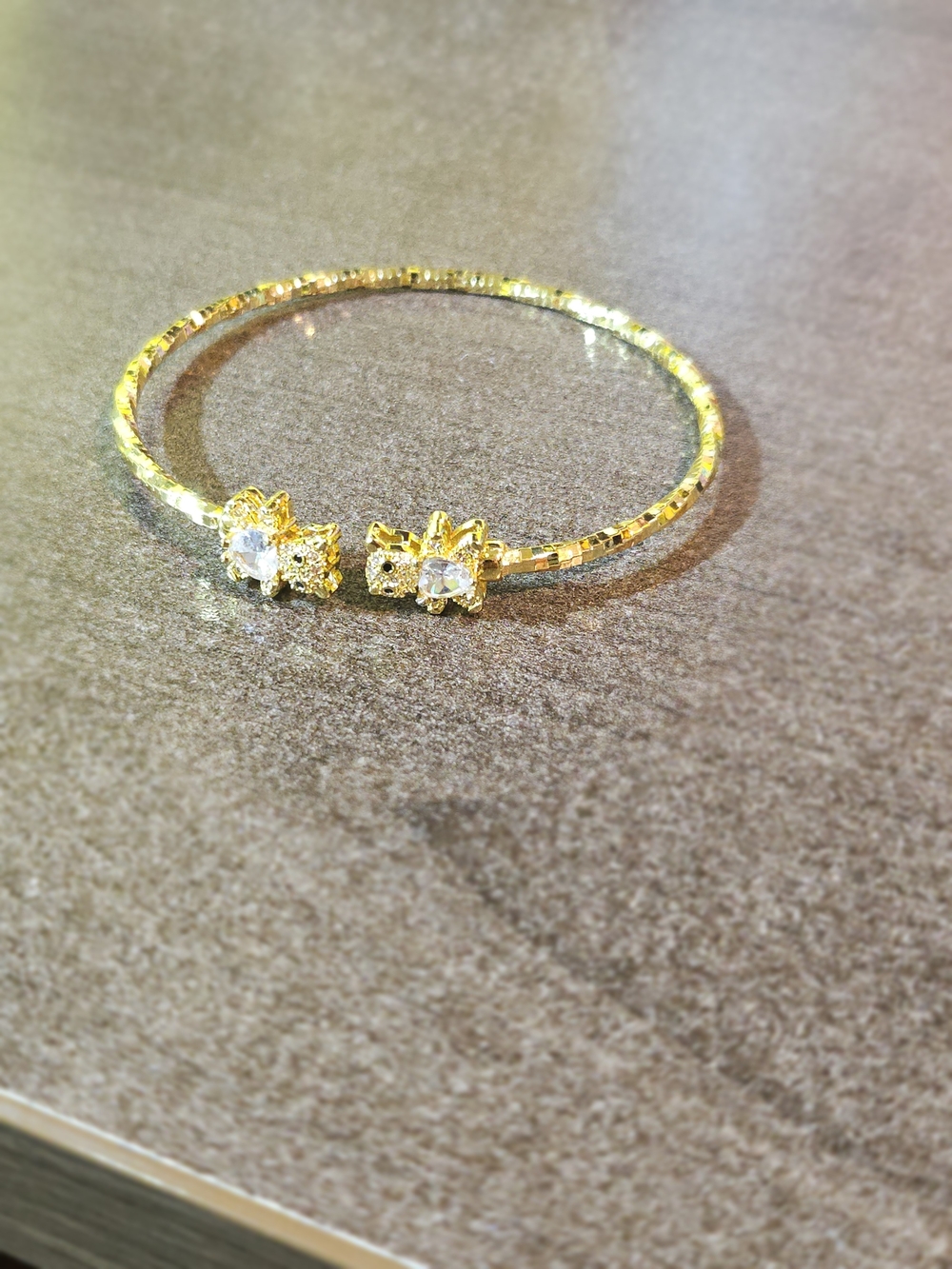 Gold-Filled Teddy Bear Open Cuff Bangle | Heart Crystal Bypass Bracelet